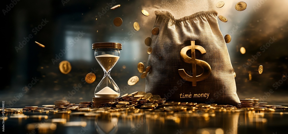 Poster a symbolic representation of time and money with an hourglass and coins.