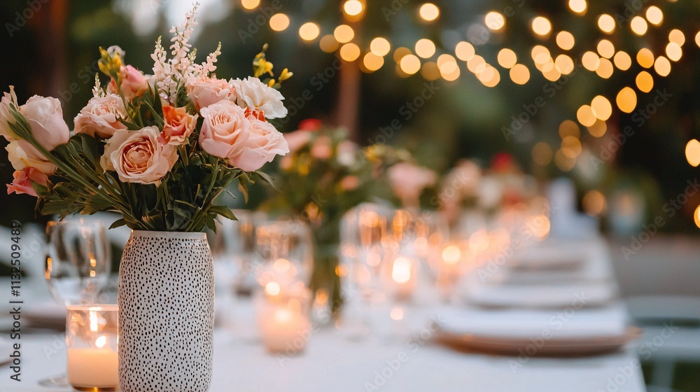 Poster new year concept. elegant table setting with flowers and soft lights in the background.