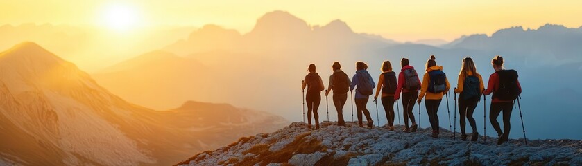 Fototapeta premium Group of friends hiking at sunrise, their vitality glowing as they conquer the mountains together focus on, community and health, ethereal, overlay, early morning peaks backdrop