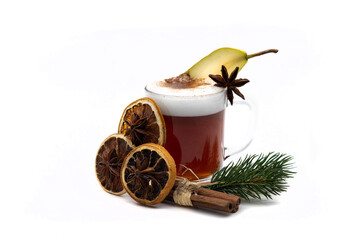 Glass mug with pear punch, decorative slice of pear, cinnamon sticks, orange with star anise, on...