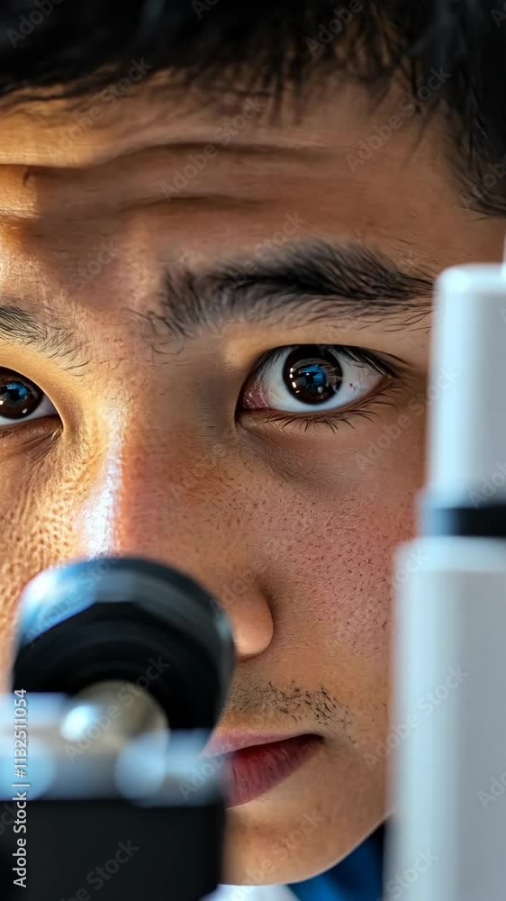 Poster close-up of a scientist examining samples through a microscope in a lab environment during daylight 