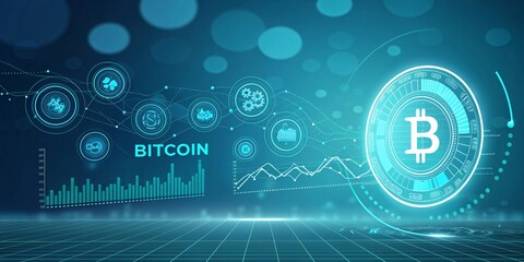 Obraz premium Futuristic bitcoin visualization, digital cryptocurrency concept, glowing blue technology background, financial chart and graph V4