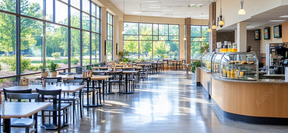 Poster Bright and modern caf? space with seating and a display counter.