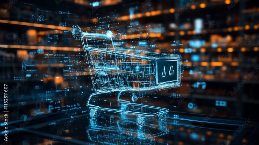 Poster Digital shopping cart with security features in a futuristic setting.