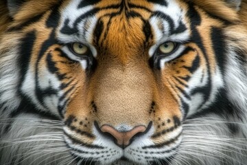 Fototapeta premium Close-up of tiger in lush green jungle with sharp gaze. Beautiful simple AI generated image
