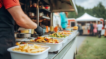 New year concept. Food truck serving a variety of delicious dishes outdoors.