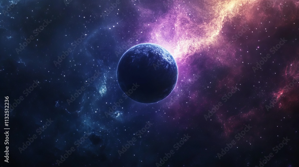 Poster stunning view of an unknown planet in outer space featuring a colorful nebula and a dense cosmic clu