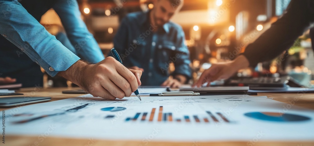 Poster hands collaborating over charts and graphs in a business meeting.