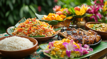 Fototapeta premium Tropical Thai Feast Celebrating Songkran Festival with Colorful Dishes and Decor