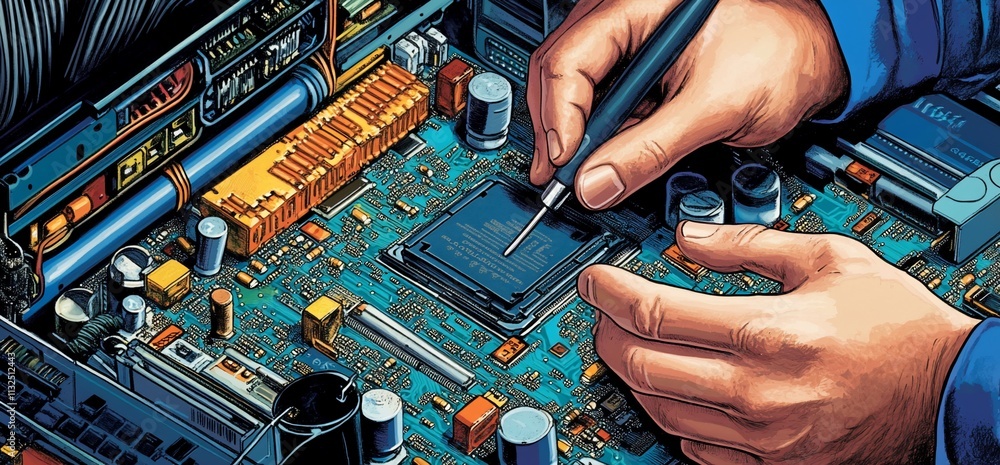 Poster Hands working on a circuit board with a focus on a microchip.