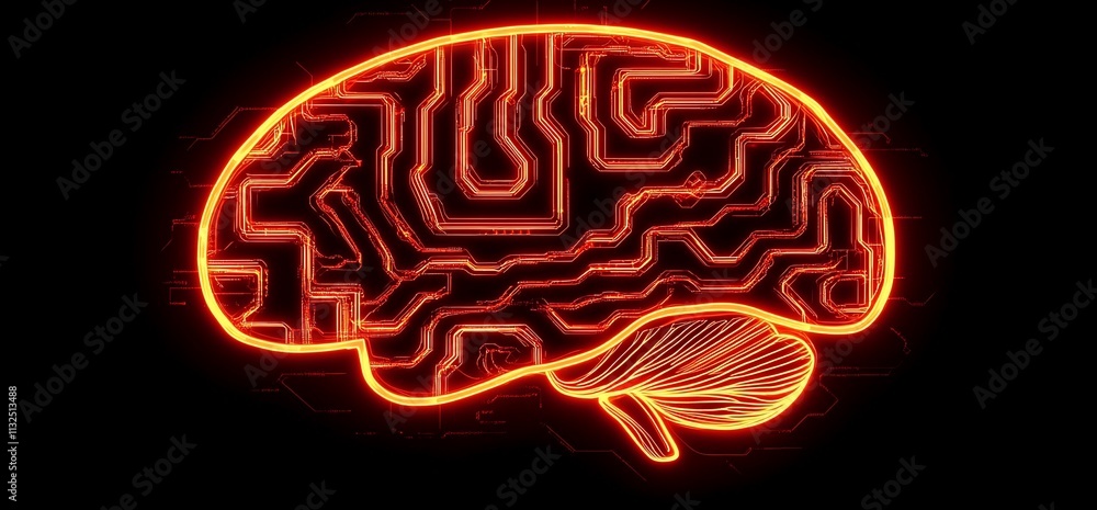 Aufkleber Neon brain illustration with circuit patterns representing technology and intelligence.