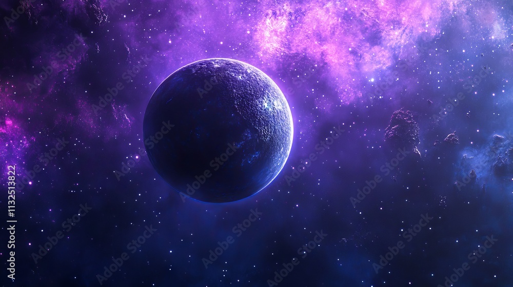 Poster stunning view of an unknown planet in outer space featuring a colorful nebula and a dense cosmic clu
