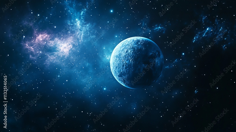 Poster stunning view of an unknown planet in outer space featuring a colorful nebula and a dense cosmic clu