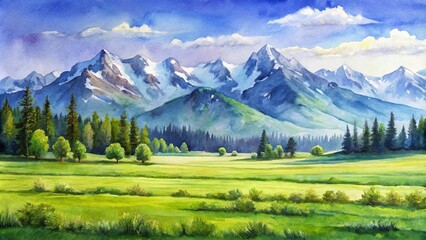 Fototapeta premium Serene Mountain Meadow Landscape Verdant Field, Majestic Peaks, and a Tranquil Forest