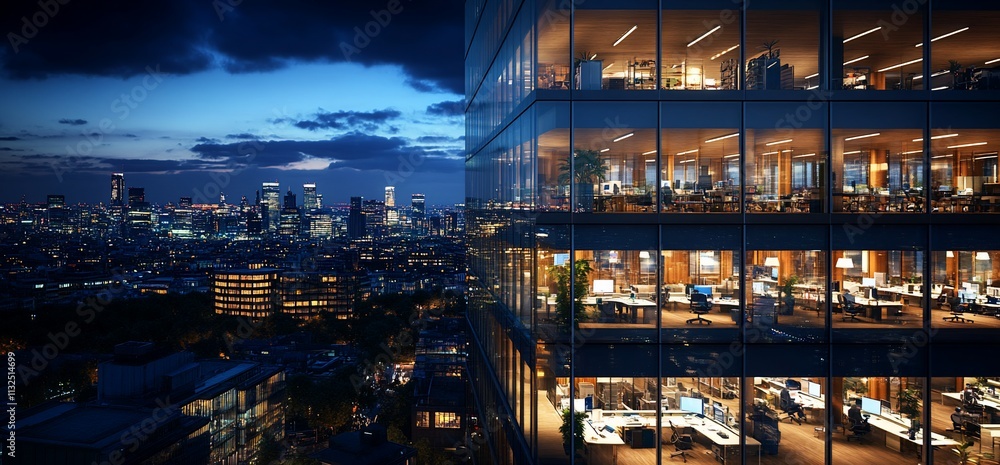 Aufkleber Nighttime view of an office building with illuminated workspaces.