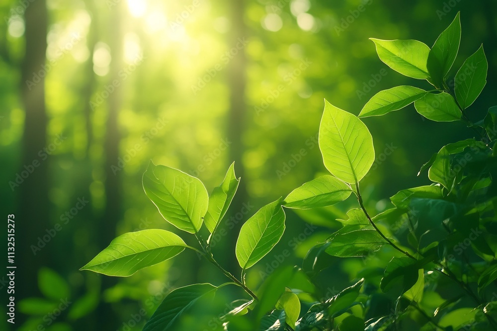 Poster serene forest scene with soft sunlight filtering through lush green leaves and creating glowing refl