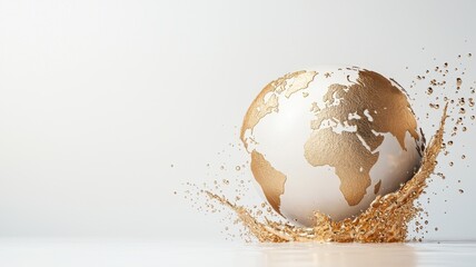 Golden globe with golden splashes on a white background.