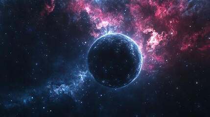 Obraz premium Stunning view of an unknown planet in outer space featuring a colorful nebula and a dense cosmic cluster of stars against a vast space background