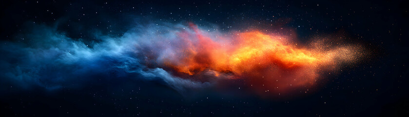 Naklejka premium Cosmic Nebula, Fiery Orange and Blue Clouds in Starry Sky