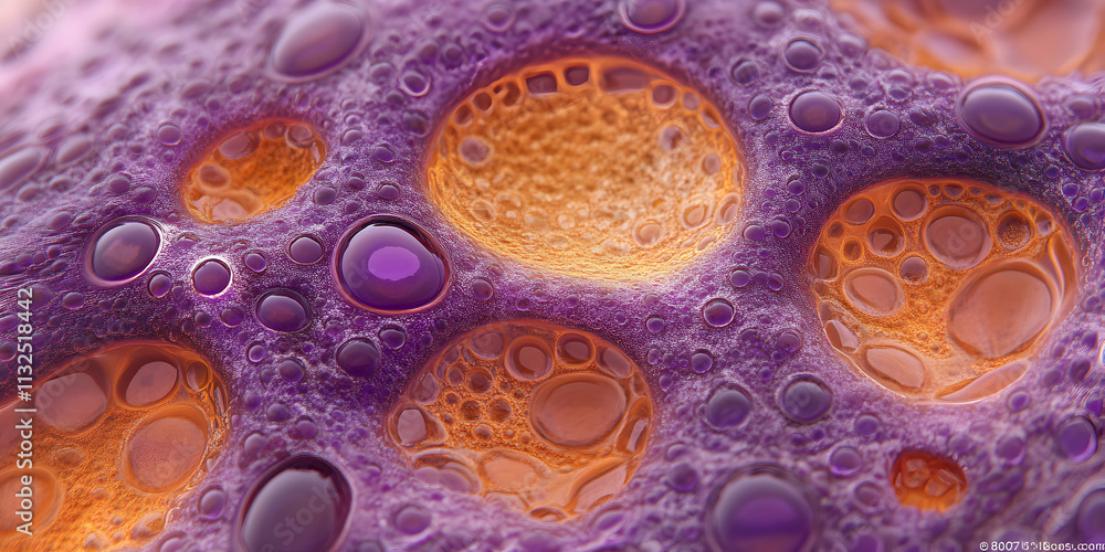 Poster abstract cellular texture, orange and purple bubbles intermingle dynamically, creating a visually st