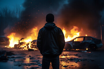 Fototapeta premium Burning vehicle in flames and smoke by roadside generative ai