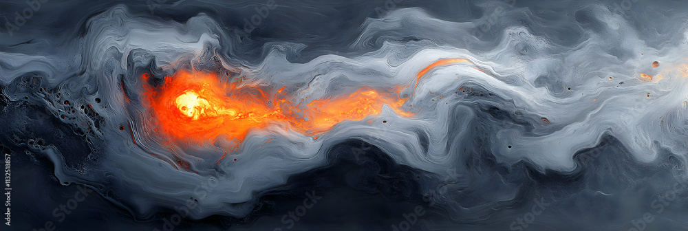Poster abstract fiery stream in grey swirling nebula, cosmic energy flows dynamically across canvas