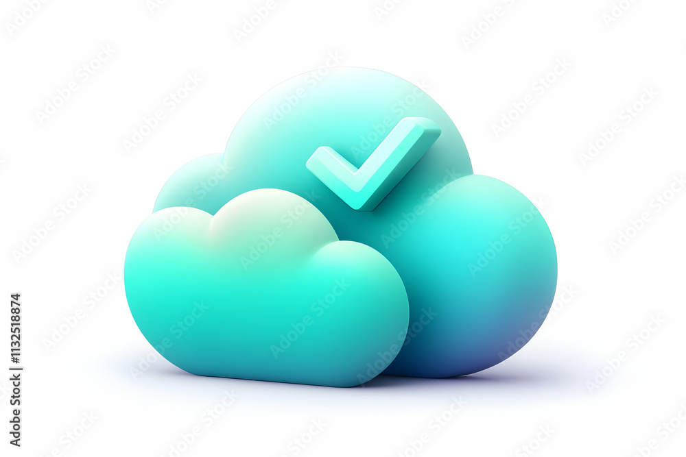 Poster teal cloud computing illustration, successful data upload, secure storage, verified backup, efficien