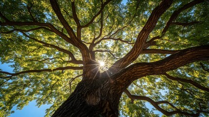 Obraz premium Majestic ancient oak tree with sprawling branches viewed from below against bright sunlight filtering through lush green canopy, creating natural cathedral effect in forest