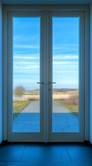 Fototapeta premium French Doors Reveal Serene Landscape, Pathway leads to tranquil view of blue sky, grassy fields, and distant trees under a bright day.