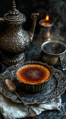 Fototapeta premium A beautifully styled dessert scene featuring cr?me br?l?e, ornate silverware, and candlelight.