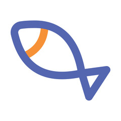 The image shows a stylized pixel art depiction of a small blue fish with an orange fin.