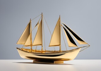 Obraz premium A small model of a boat in golden metal, placed on a white light background