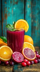 Fototapeta premium A vibrant smoothie made from fruits, garnished with orange slices and fresh basil leaves.