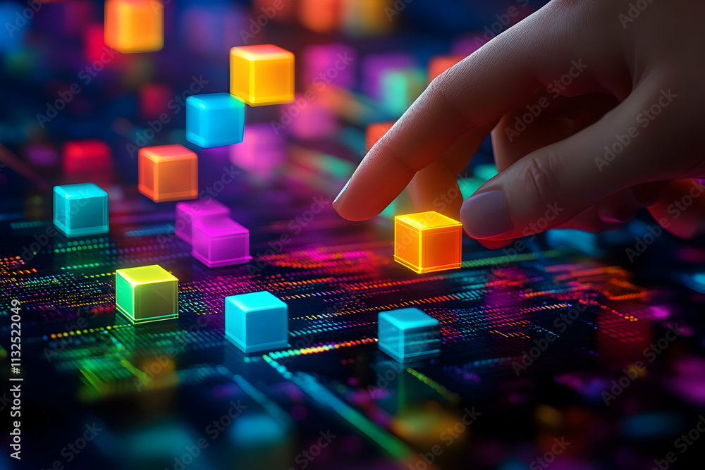 Poster abstract digital blocks, hand interacting with glowing cubes on a neon circuit background