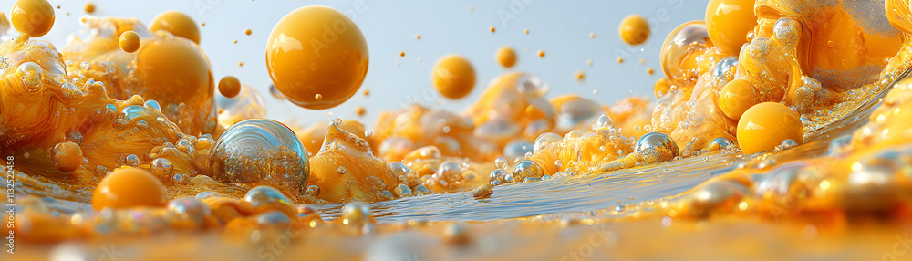 Poster abstract orange liquid with bubbles, dynamic sphere interactions in a golden fluid, creating a vibra