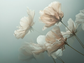 Soft wildflowers in beige and white bloom gracefully in a misty atmosphere, creating an ethereal and tranquil ambiance.