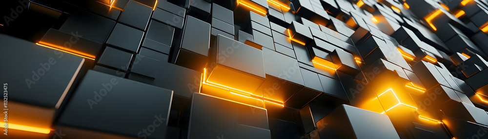 Poster abstract dark cubes with glowing orange edges, digital art background, futuristic technology design,