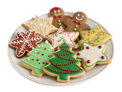 Plate on Christmas cookies, including gingerbread men, stars, and trees on a white background. PNG transparent.

