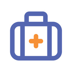 Obraz premium The image shows a simple pixel art illustration of a blue first aid kit with an orange cross.