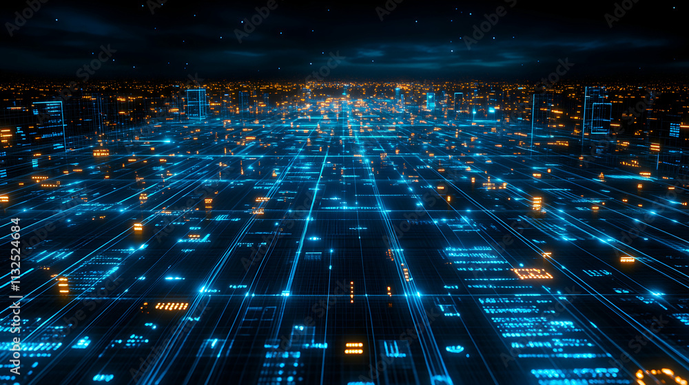 Poster abstract digital cityscape, glowing network of data streams and illuminated towers across a futurist