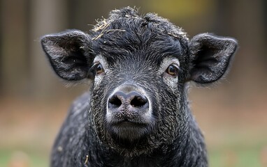Close-up portrait of a young black calf looking directly at the camera.