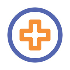 Fototapeta premium The image shows a pixel art style icon depicting a medical cross inside a blue ring.