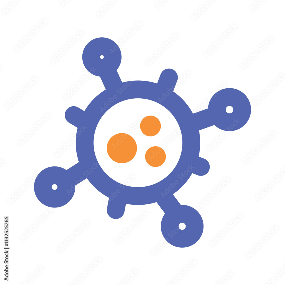 Poster an abstract image shows an orange shape centered within a larger blue circular design resembling a s