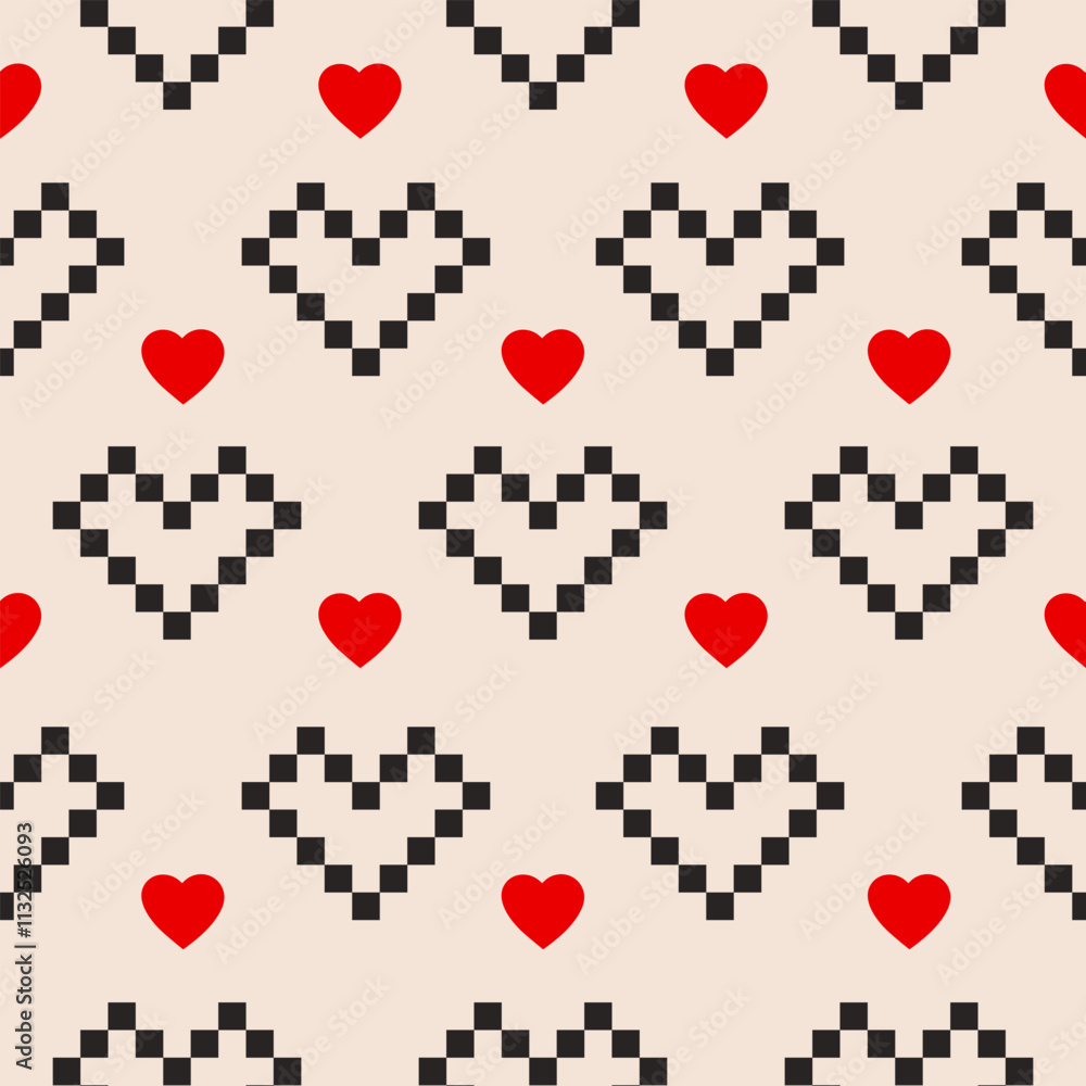Poster minimalistic seamless pattern with black pixel hearts on a beige background. vector illustration