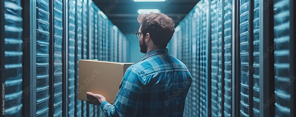Poster man carrying cardboard box in a server room; data center worker navigates aisles of servers at night