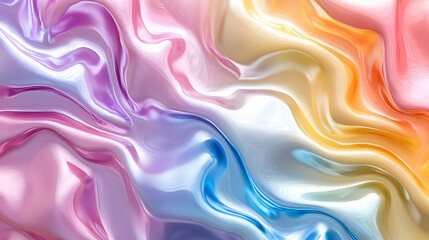 Obraz premium Abstract Colorful Swirls, A Vibrant, Iridescent Wave Background of Pastel Hues, Dynamically Flowing and Intertwining with Shiny Texture