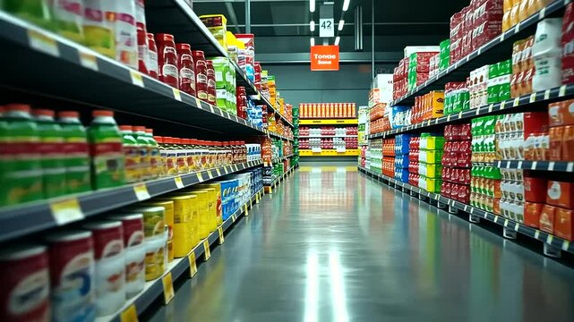 In a wide grocery warehouse aisle, a packed pallet of fresh products is placed neatly, surrounded by open space for a clean, wholesale look with text.