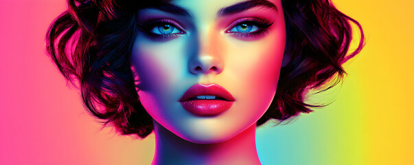 Obraz premium Vibrant Woman Portrait, A Colorful, Stylish Illustration of Female Beauty with Bold Makeup and Short, Dark Curls, Illuminated by Neon Lights