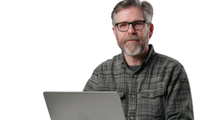 American middle age male Employee IT specialist sit at work with laptop on white background
