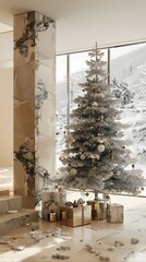 a fully decorated christmas tree with some ornaments made in marble. Under the tree, cubes and geometric shapes of sculptures in marble. 